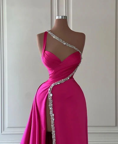 Gorgeous Hot Pink Pleated Satin Prom Party Dress Slit Evening Dress cc1745