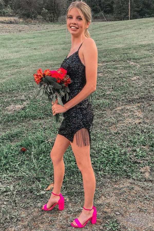 Sequins Straps Tassel Mini Homecoming Dress