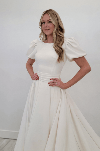 Ivory A-line Puff Sleeves Satin Sweeping Long Wedding Dress