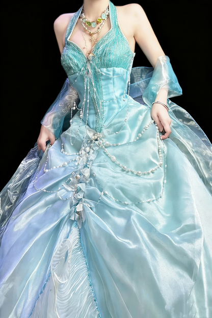 Mermaid Style Sea Blue Halter Pearl Tassel Ballgown - Ocean Theme Wedding & Cosplay Dress gh6557