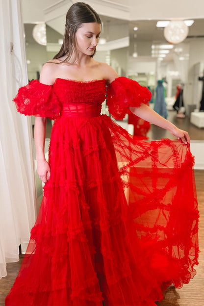 Magenta Strapless Ruffles A-Line Long Formal Dress with Puff Sleeves