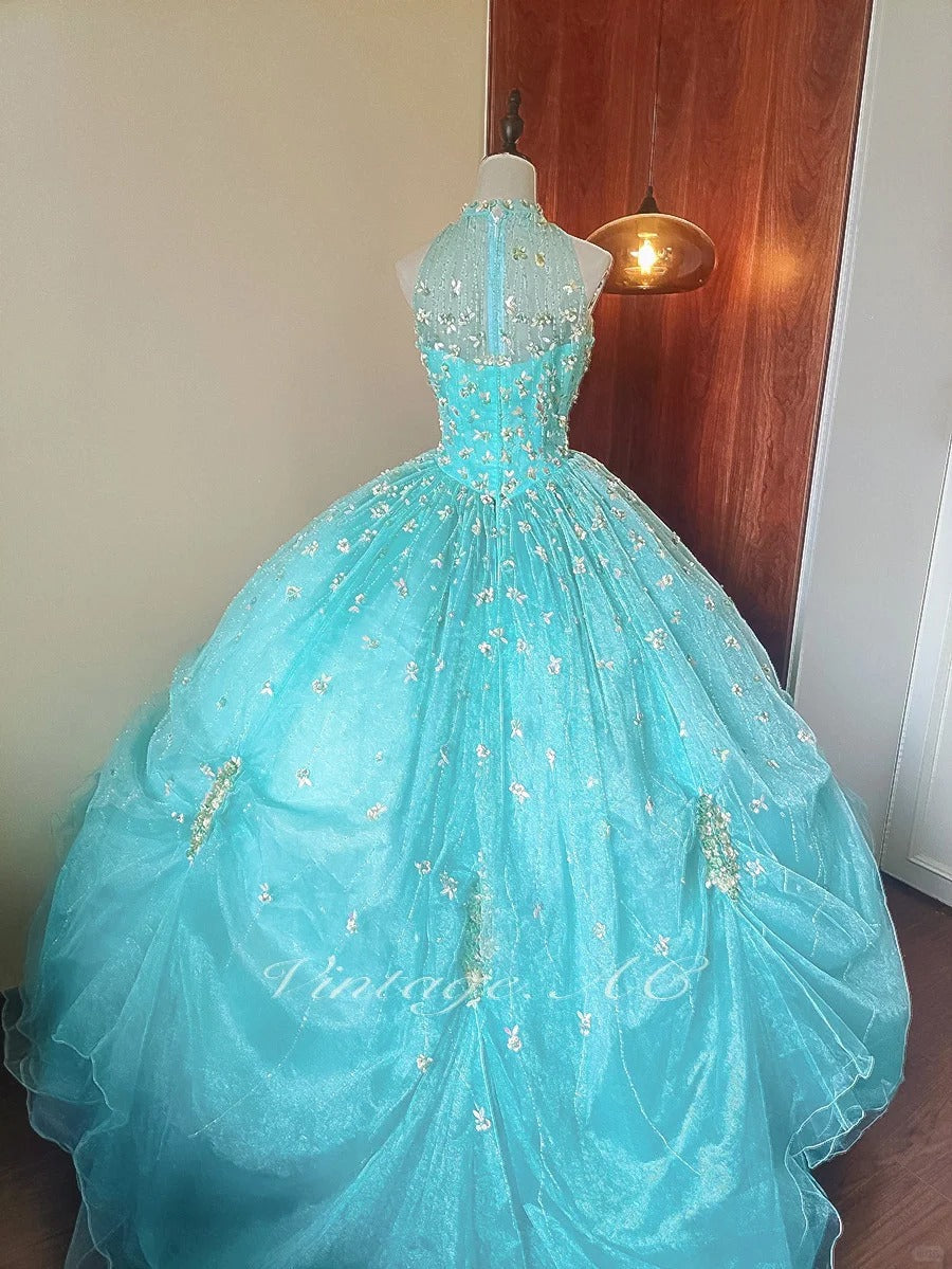 Girlhomeshops-Mint Green Glitter Beaded Floral Long Tulle Floor-Length Ball Gown gh5300