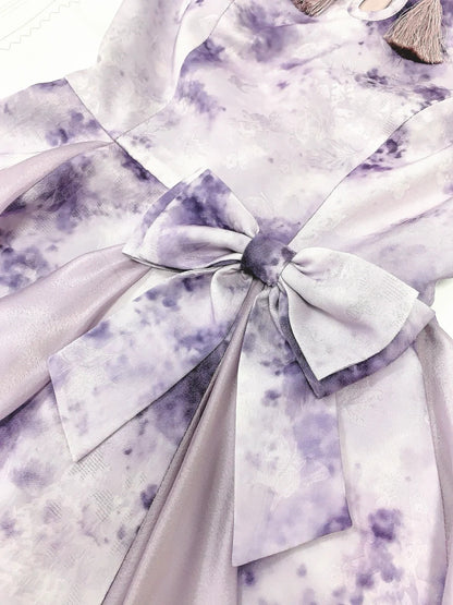 girlhomeshops--Purple gradient color new Chinese style pearl stand collar with button bow fairy dress oriental aesthetics gh5731