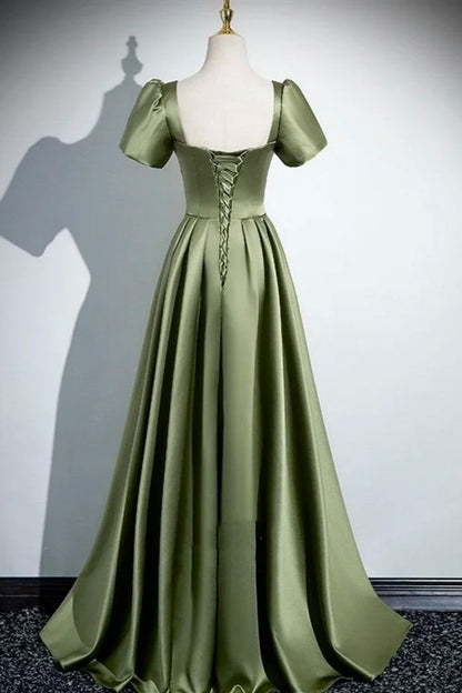 Vintage Olive Green - Square Neck Puff Sleeve Satin Gown, Waisted Flare Socialite Evening Dress  gh7074
