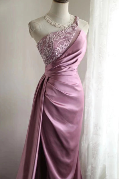 Pink bead elegant long fashion dress satin dress gh6644