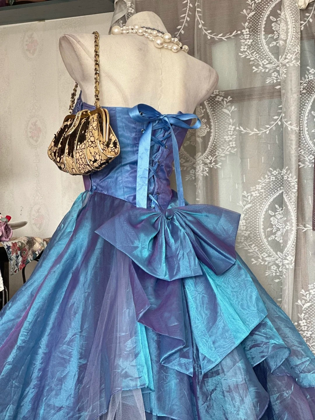 Vintage Court Style Blue-Purple Ombre Off-the-Shoulder Lace Ball Gown, Iridescent Organza Prom Dress  gh7091