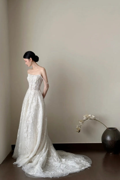 girlhomeshops- Vintage White Beaded Embroidery Strapless Long Train Court Style Wedding Gown gh6096