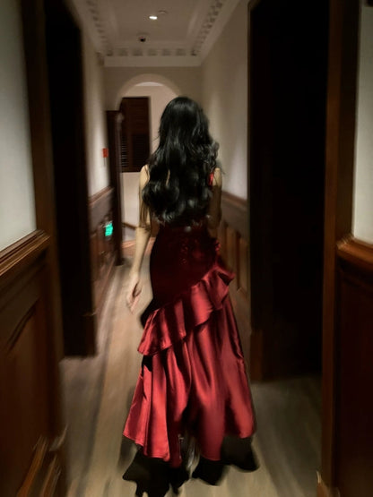 Elegant Burgundy Wedding Guest Outfit Ruffle Party Dresses Long