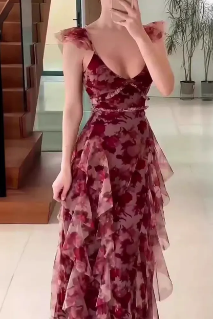 Unique Tulle Chiffon Rose Floral Print Ruffles Party Evening Dress A Line Prom Dress cc1432