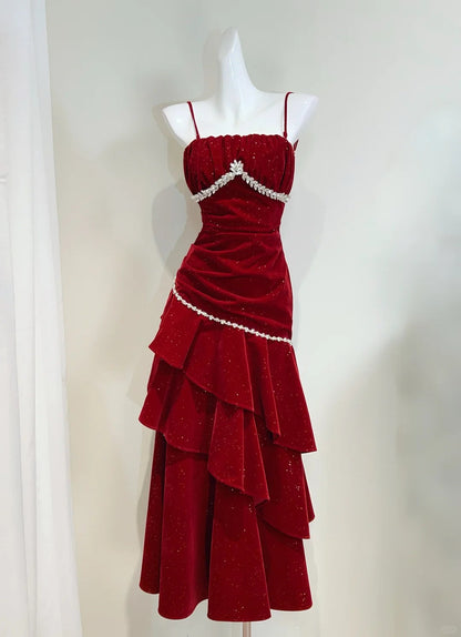 Vintage Burgundy Mermaid Spaghetti Strap Ruffle Velvet Prom Dress Evening Dress cc5281
