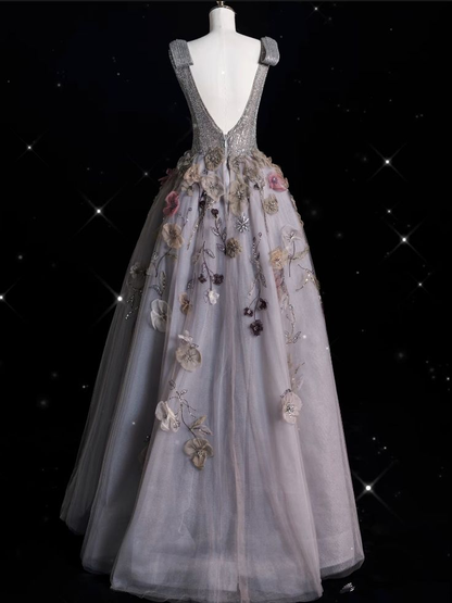 Charming Deep V Tulle Beded Appliques Ball Gown Gray A Line Prom Evening Dress cc2453