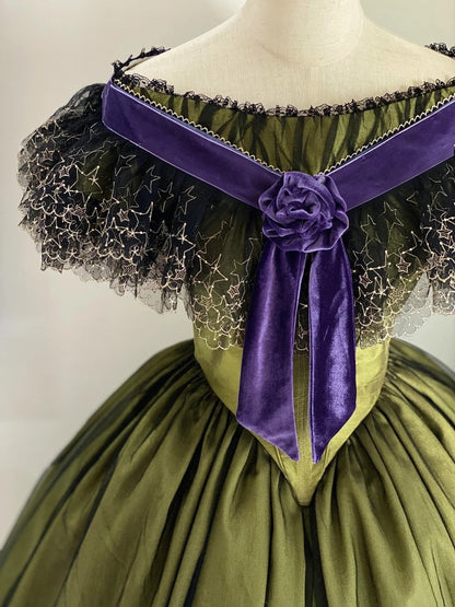 Olive Green Satin Off-the-shoulder Victorian Ball Gown: Satin Fabric, Velvet Floral Trim, Star-patterned Lace, Retro Ballgown Silhouette, Ball Formal Dress gh6734