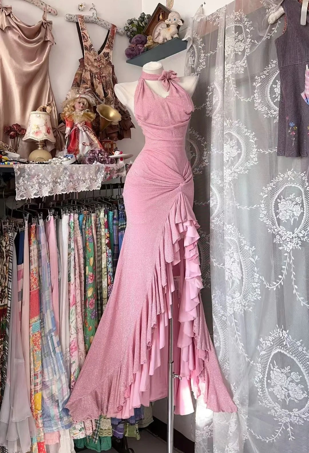 Pink Lace Graduation Dress  Girl Prom Dress Long Formal Dress  gh6789