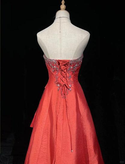 Red Gorgeous Vintage Shiny Elegant Delicate Rhinestone Beaded Satin Floor Length Fairy Ball Gown Evening Gown Party Gown Prom Gown Red Waltz gh3854