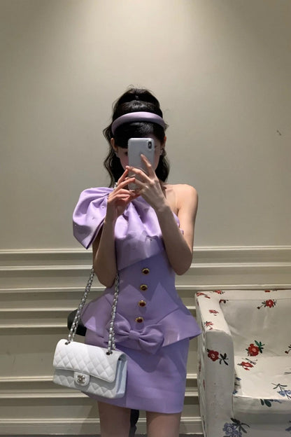 Purple Barbie Short One Shoulder Fashion Party Dress Satin gh6638
