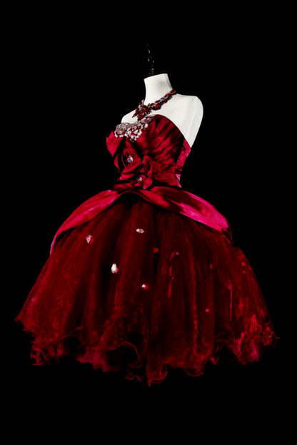 girlhomeshops-Red short birthday dress, tulle back-to-school dress gh6140