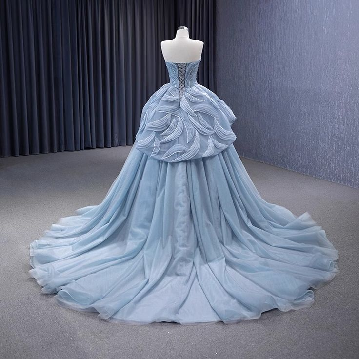 High-End Blue Beading Tulle Cascading Ruffles Prom Dress New Ball Gown  cc1768