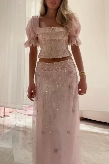 Short-Sleeve Pink Tulle Beaded Two-Piece Gown | Sweet Luxury Square Neck Cutout Maxi Dress for Gala Gathering gh6465