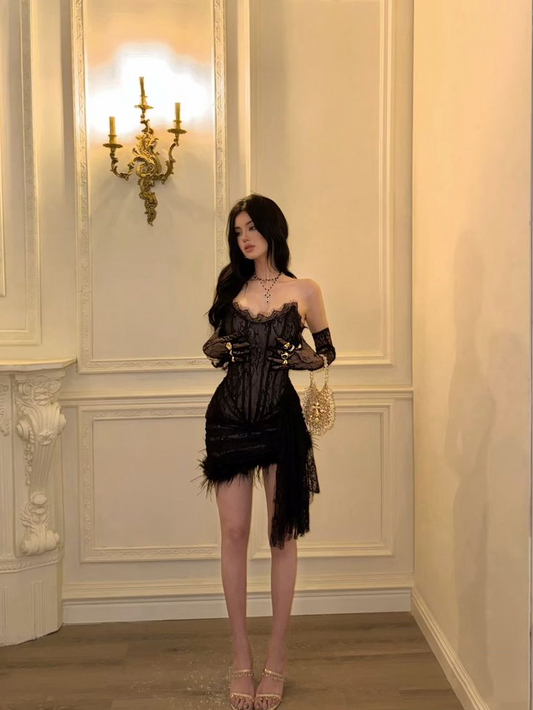 Black Lace Sheath Birthday Dress Short Prom Dresses with Sleeves