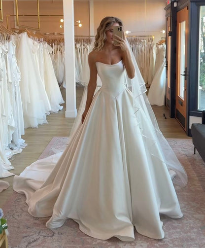 Minimalist High-End Style Spaghetti Strap Strapless Gown | White Satin Ballgown Maxi Dress for Wedding Bridal Engagement Luxury Dinner gh6432