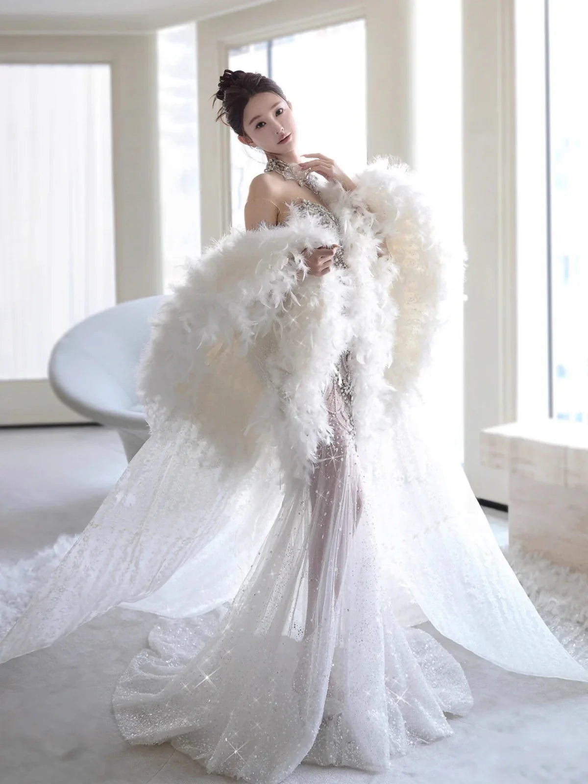 Elegant Silver-White Mermaid Sweetheart Neckline Pearl-Beaded Tulle Train Prom Dress Evening Dress cc5123
