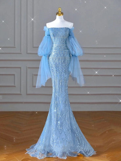 Blue luxurious gorgeous shiny exquisite beads elegant long sequined tulle long sleeve mermaid slim ball gown evening dress gh3388