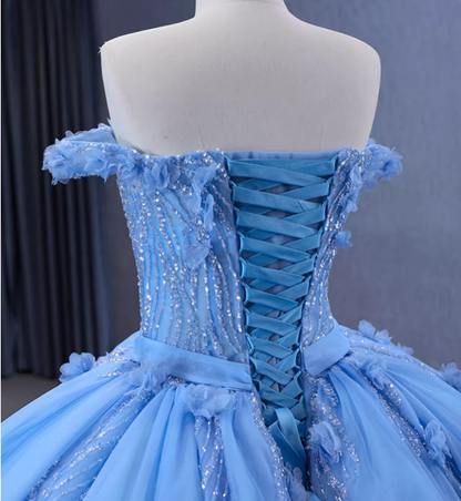 Glitter Blue Ball Gown Tulle Off the Shoulder Sequins Appliques Prom Dress  cc1724