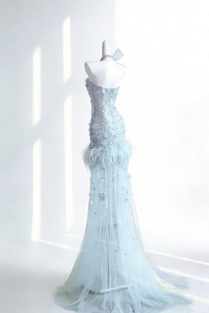 Light Blue Feather & Beaded Mermaid Gown - Ethereal Tulle Train Evening Dress gh6944