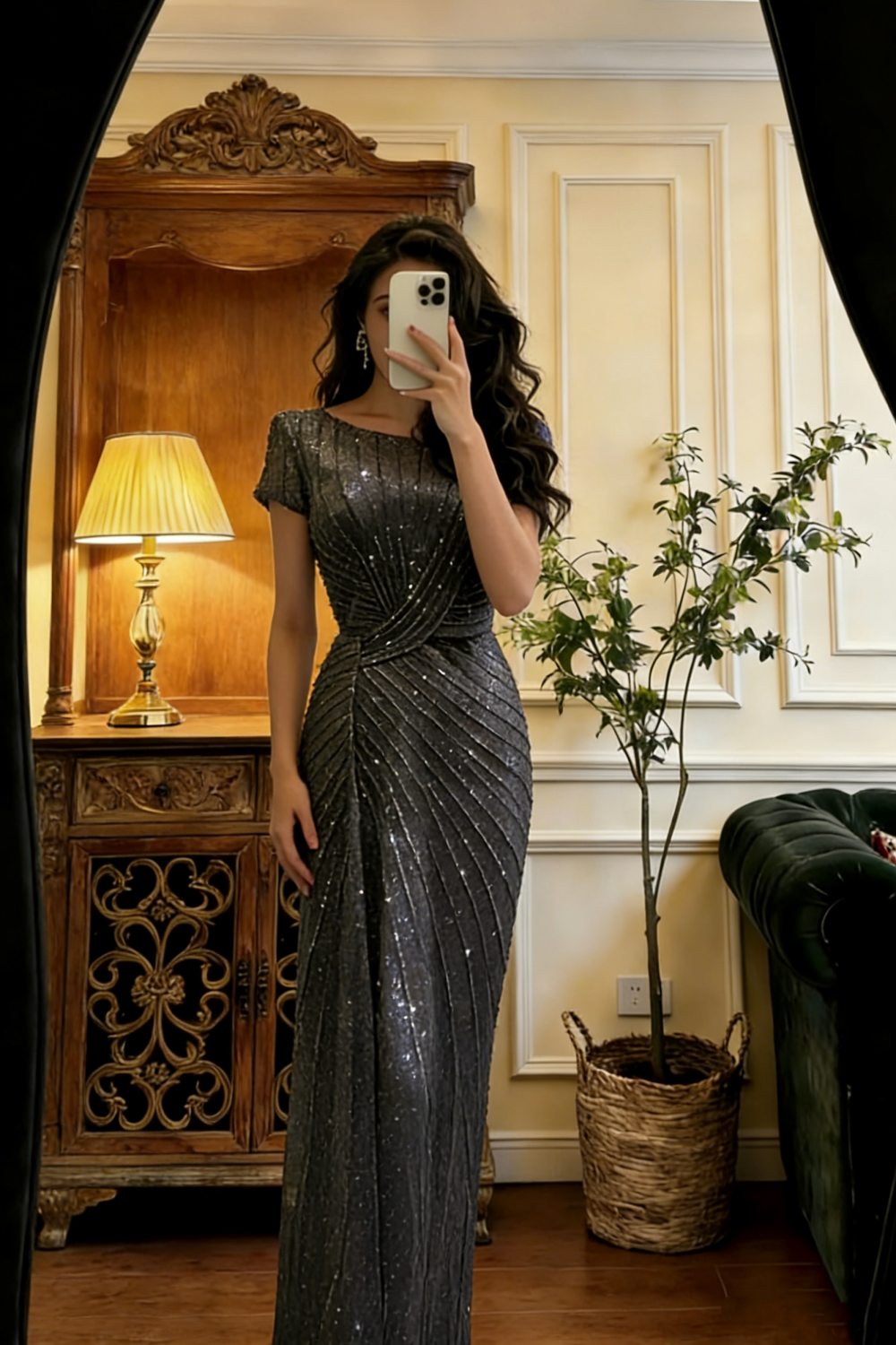 Dark Grey Sequin Short-Sleeve Slim Gown - High-End Mermaid Evening Dress gh6950