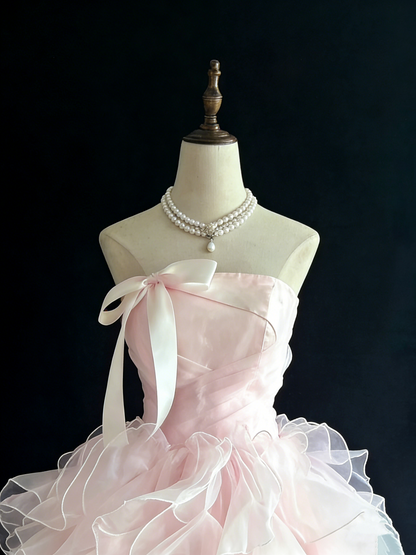 Light Pink Bow Strapless Ball Gown - Dress for Quinceañera & Coming-of-Age Party gh6949