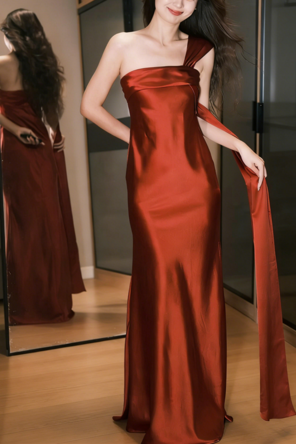 Satin One-Shoulder Gown with Sash - Slim Fit Mermaid Evening Dress gh6946