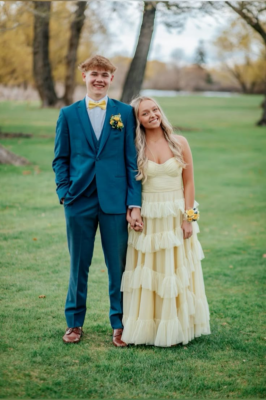 A Line Yellow Tulle Long Prom Dresses Tiered Graduation Formal Dress