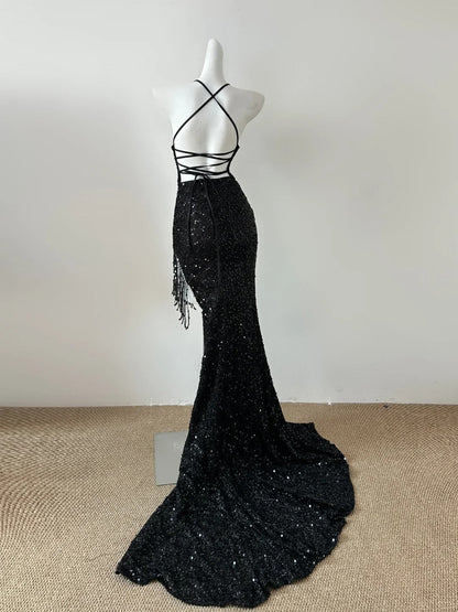 Black gorgeous V-neck shiny sexy elegant fringed mermaid slim floor-length tail long sequined ball gown evening dress party dress  Prom Dress gh3742