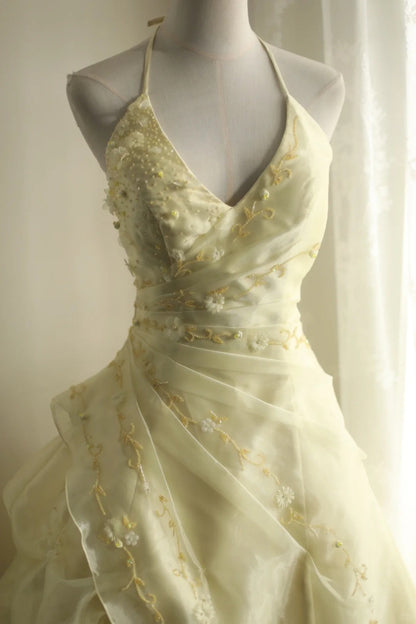 Girlhomeshops-Yellow Retro Halter Neck Heavy Puff Princess Wedding Dress gh5425