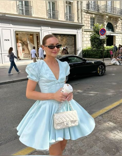 Girlhomeshops-Light blue fashionable V-neck A-line puff sleeve short satin homecoming dress birthday dress gh5289