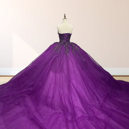 girlhomeshops-Purple shimmering, delicately beaded long tulle ball gown/wedding dress gh6186
