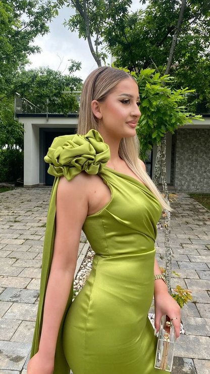 Chic Olive Green Satin Flowers Party Dress Sheath Long Prom Evening Gown cc2418