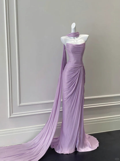 Elegant Purple Fitted Strapless Pleated Satin Long Prom Dress Evening Dress cc5284