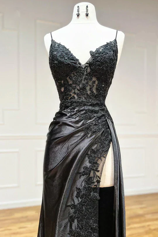 Elegant Burgundy Satin Appliques Evening Dress Slit Prom Party Dress cc1795