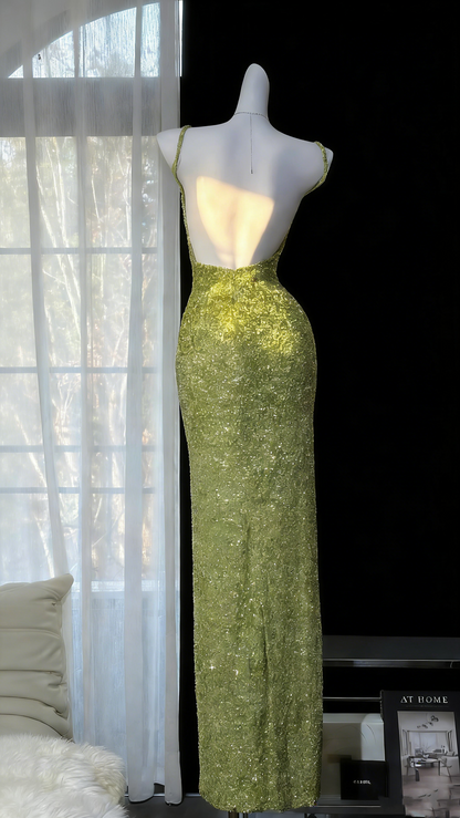 Lime-Green Spaghetti Strap Gown - Square Neck Backless Slim Mermaid Evening/Red Carpet/Summer Party Maxi Dress gh6986