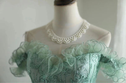 Green girl cute one shoulder flower bud print short princess dress adult birthday party homecoming dress gh4325