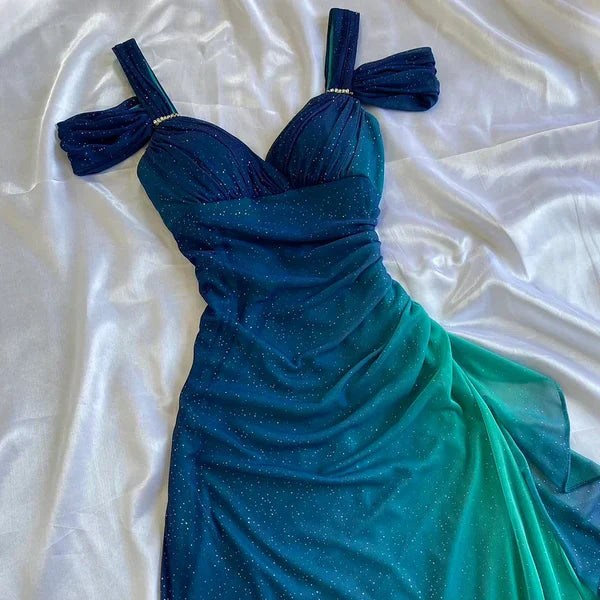 Blue shiny fashion gradient elegant spaghetti straps long chiffon elegant ball gown evening dress party dress gh3492
