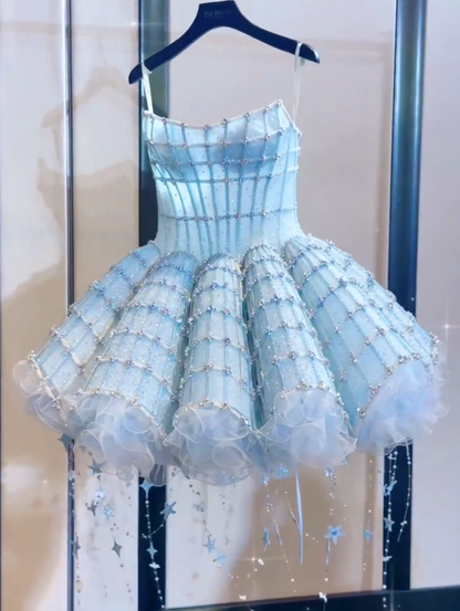 Classy Blue Strapless Tulle Beaded A Line Princess Birthday Dress Formal Homecoming Dress cc3193