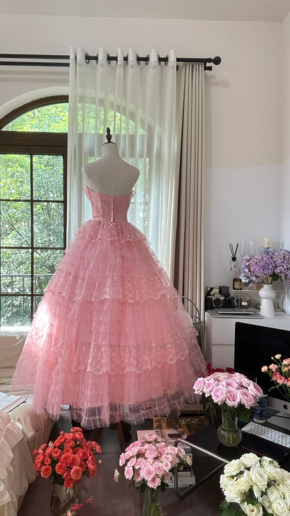 Pink sweet fashion elegant exquisite lace bow long tulle lace princess ball gown evening dress birthday dress adult ceremony dress gh4033