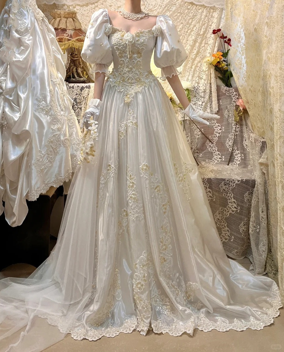 🎻Ivory white gorgeous beaded retro classical oil painting aristocratic girl handmade pearls and embroidery long floor-length satin ball gown evening dress wedding dress gh4543