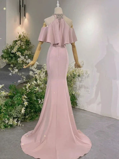 Exotic Pink Mermaid Prom Dresses for Party Events Crystal Neckline