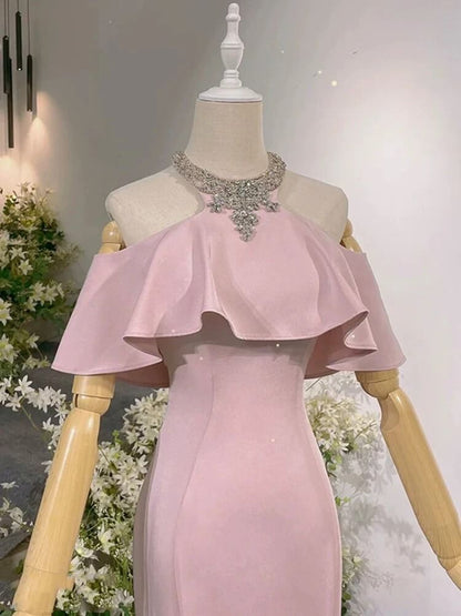Exotic Pink Mermaid Prom Dresses for Party Events Crystal Neckline