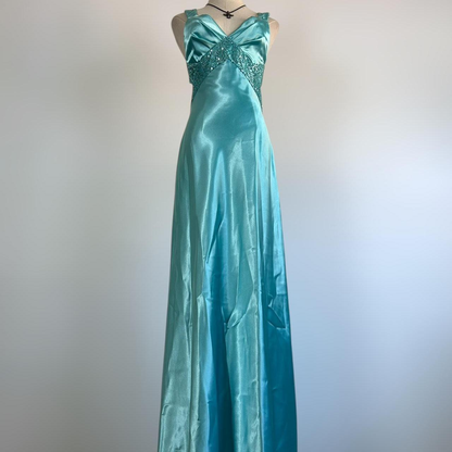 Gorgeous Blue Satin Sequins Backless Party Prom Dress,Formal Evening Dress cc2955