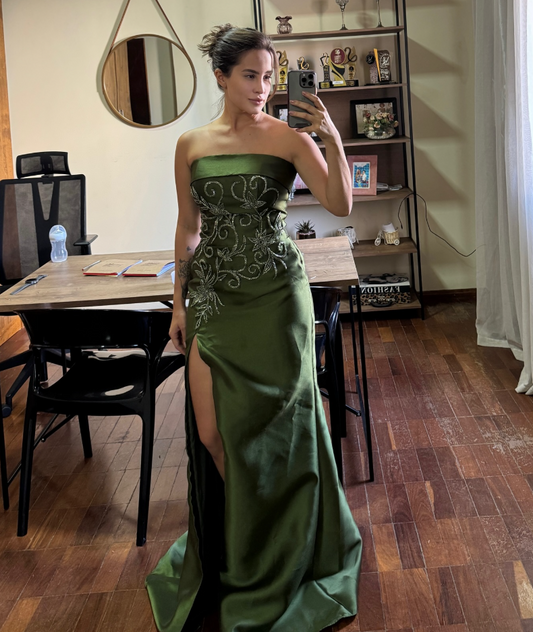 Elegant Strapless Sheath Long Evening Dresses with Slits Satin Appliques Green Prom Dress Formal Gowns