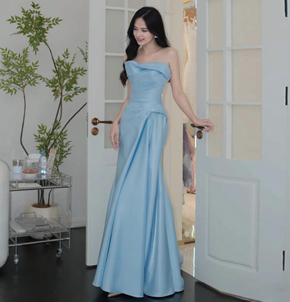 Fancy Strapless Sheath Long Evening Dresses Satin Blue Bridesmaid Dress Sleeveless Wedding Guest Gown